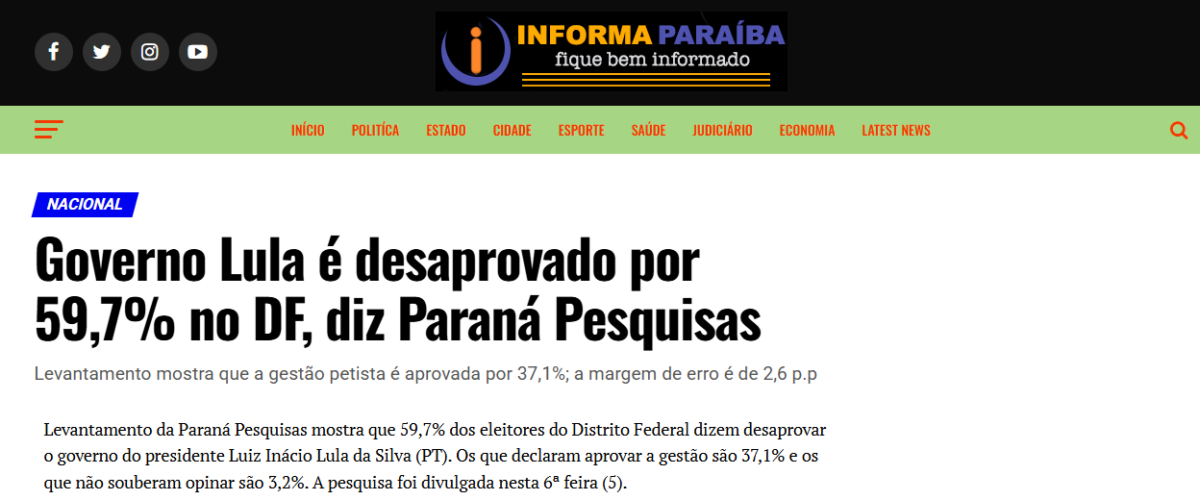 Informa Paraíba cita pesquisa realizada pela Paraná Pesquisas no Distrito Federal. 2 Informa Paraíba cita pesquisa realizada pela Paraná Pesquisas no Distrito Federal.
