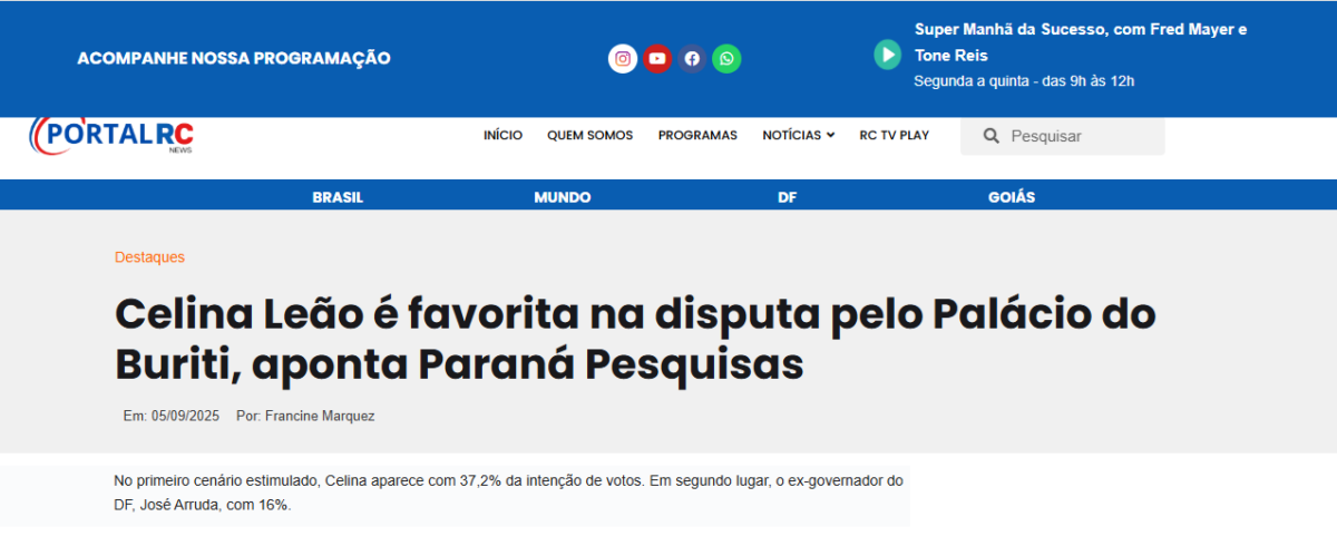 Portal RC News cita pesquisa realizada pela Paraná Pesquisas no Distrito Federal. 2 Portal RC News cita pesquisa realizada pela Paraná Pesquisas no Distrito Federal.