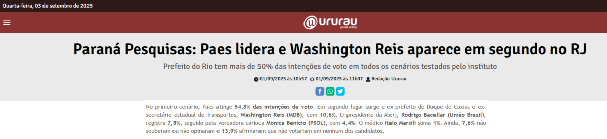 Ururau cita pesquisa realizada pela Paraná Pesquisas no Estado do Rio de Janeiro. 2 Ururau cita pesquisa realizada pela Paraná Pesquisas no Estado do Rio de Janeiro.