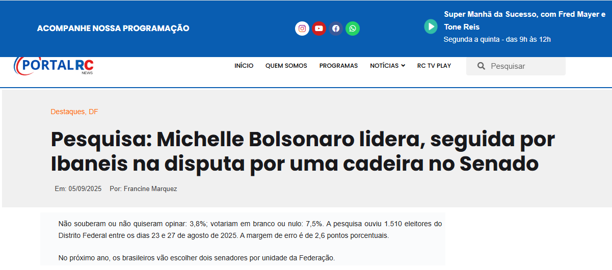 Portal RC News cita pesquisa realizada pela Paraná Pesquisas no Distrito Federal.
