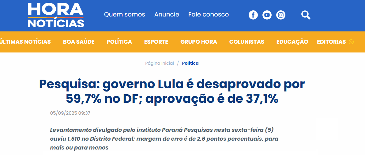 Hora Notícias cita pesquisa realizada pela Paraná Pesquisas no Distrito Federal. 2 Hora Notícias cita pesquisa realizada pela Paraná Pesquisas no Distrito Federal.
