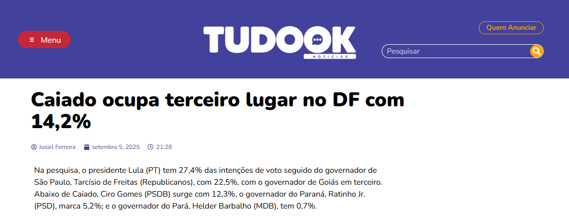 Tudo Ok cita pesquisa realizada pela Paraná Pesquisas no Distrito Federal. 2 Tudo Ok cita pesquisa realizada pela Paraná Pesquisas no Distrito Federal.