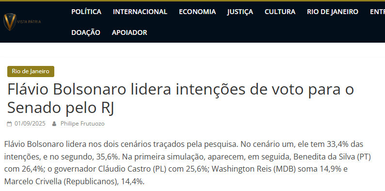 Vista Pátria cita pesquisa realizada pela Paraná Pesquisas no Estado do Rio de Janeiro. 2 Vista Pátria cita pesquisa realizada pela Paraná Pesquisas no Estado do Rio de Janeiro.