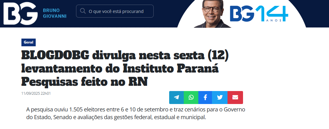 Blog do Bruno Giovanni cita pesquisa realizada pela Paraná Pesquisas no Estado do Rio Grande do Norte. 2 Blog do Bruno Giovanni cita pesquisa realizada pela Paraná Pesquisas no Estado do Rio Grande do Norte.