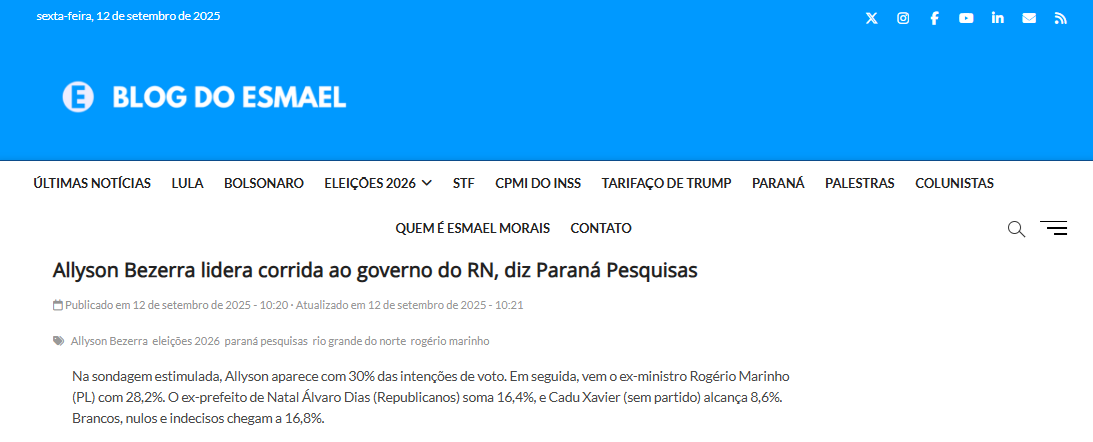 Blog do Esmael cita pesquisa realizada pela Paraná Pesquisas no Estado do Rio Grande do Norte. 2 Blog do Esmael cita pesquisa realizada pela Paraná Pesquisas no Estado do Rio Grande do Norte.