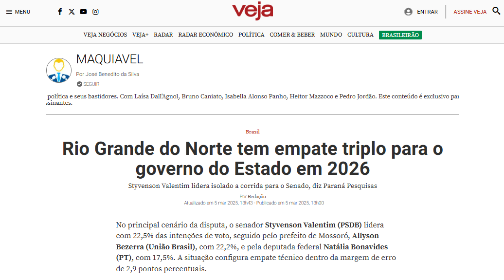 Veja cita pesquisa realizada pela Paraná Pesquisas no Estado do Rio Grande do Norte.