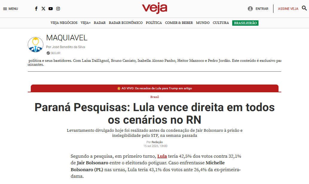 Veja cita pesquisa realizada pela Paraná Pesquisas no Estado do Rio Grande do Norte.