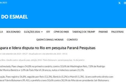 Blog do Esmael cita pesquisa realizada pela Paraná Pesquisas no Estado do Rio de Janeiro.