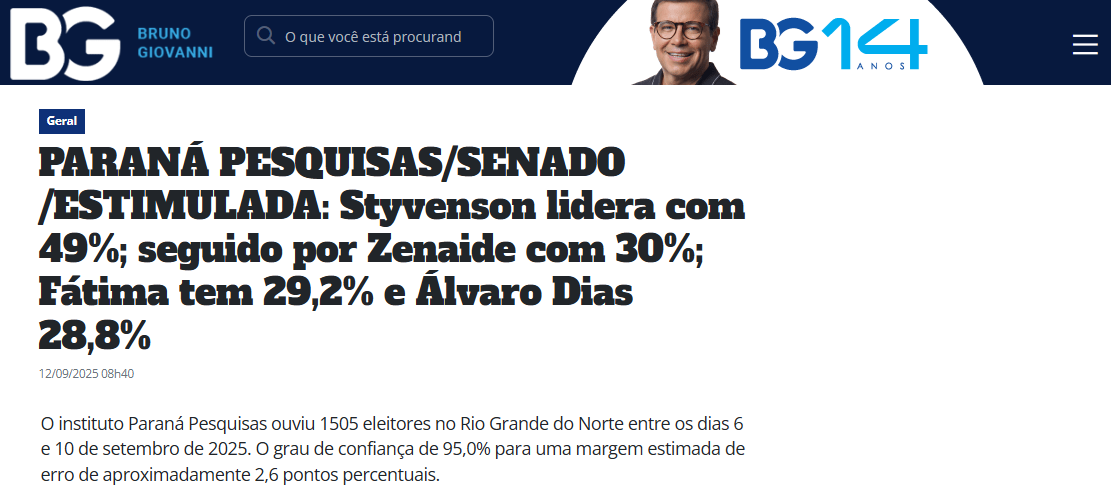 Blog Bruno Giovanni cita pesquisa realizada pela Paraná Pesquisas no Estado do Rio Grande do Norte.