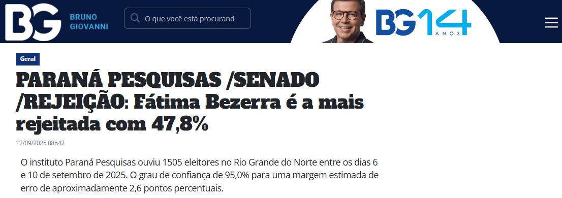 Blog Bruno Giovanni cita pesquisa realizada pela Paraná Pesquisas no Estado do Rio Grande do Norte. 2 Blog Bruno Giovanni cita pesquisa realizada pela Paraná Pesquisas no Estado do Rio Grande do Norte.