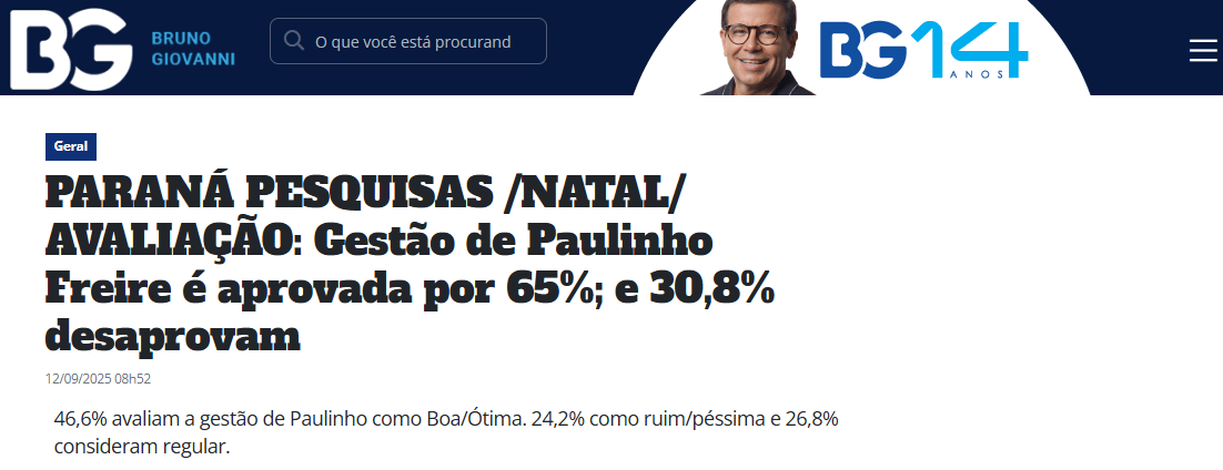 Blog Bruno Giovanni cita pesquisa realizada pela Paraná Pesquisas no Município de Natal.