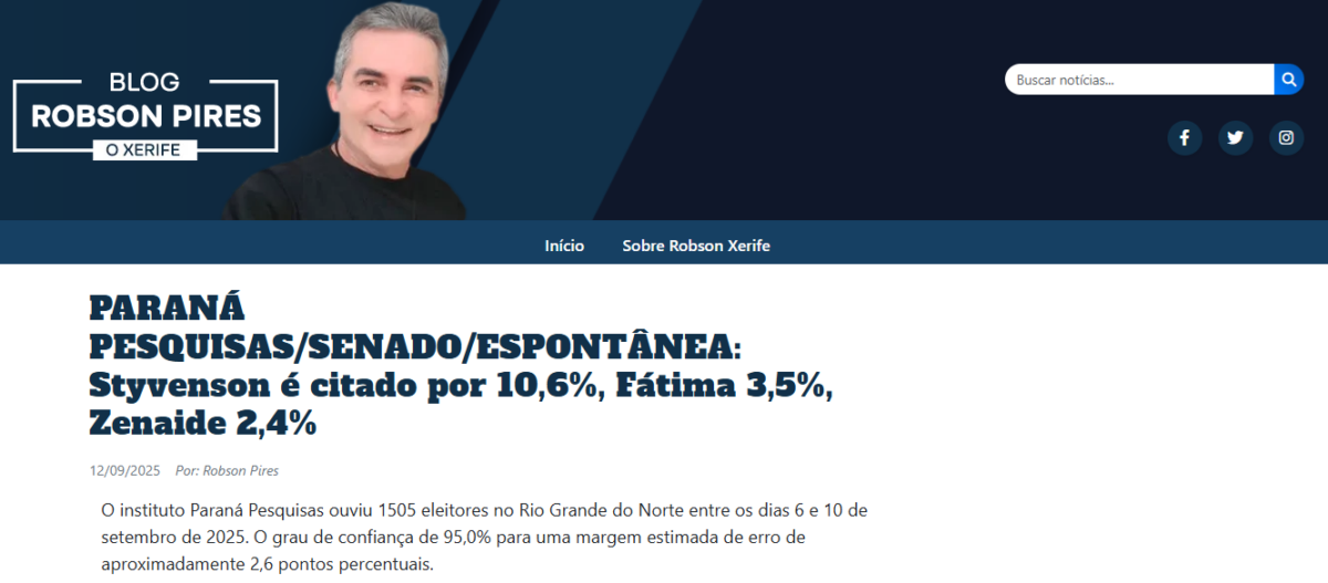 Blog Robson Pires cita pesquisa realizada pela Paraná Pesquisas no Estado do Rio Grande do Norte. 2 Blog Robson Pires cita pesquisa realizada pela Paraná Pesquisas no Estado do Rio Grande do Norte.