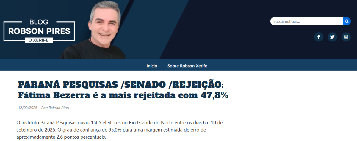 Blog Robson Pires cita pesquisa realizada pela Paraná Pesquisas no Estado do Rio Grande do Norte. 2 Blog Robson Pires cita pesquisa realizada pela Paraná Pesquisas no Estado do Rio Grande do Norte.
