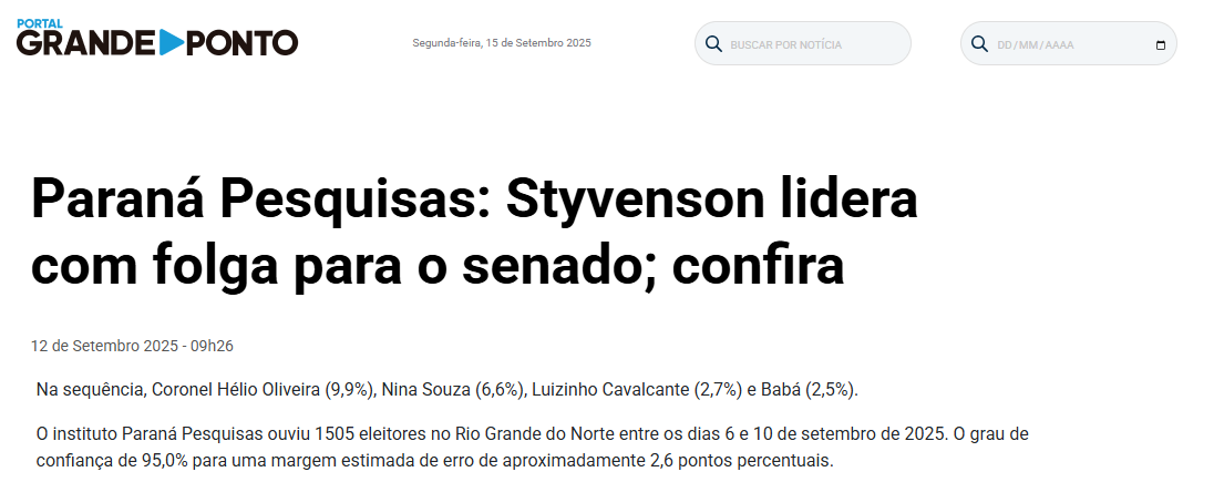 Portal Grande Ponto cita pesquisa realizada pela Paraná Pesquisas no Estado do Rio Grande do Norte.