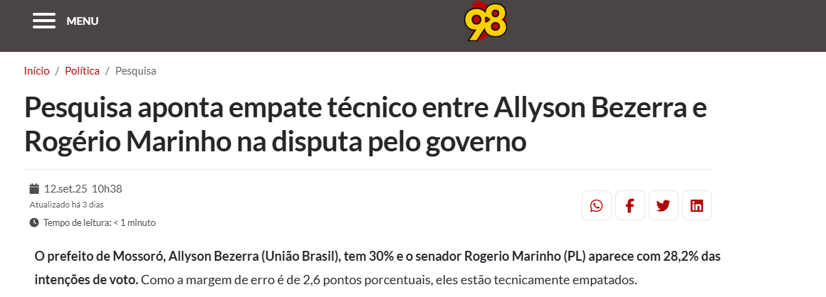 Rádio 98 FM Natal cita pesquisa realizada pela Paraná Pesquisas no Estado do Rio Grande do Norte.