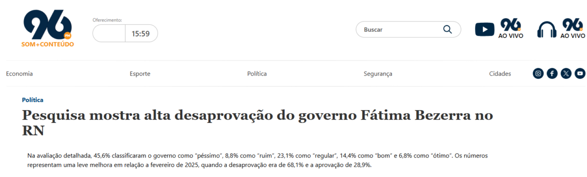 Rádio 96 FM cita pesquisa realizada pela Paraná Pesquisas no Estado do Rio Grande do Norte. 2 Rádio 96 FM cita pesquisa realizada pela Paraná Pesquisas no Estado do Rio Grande do Norte.