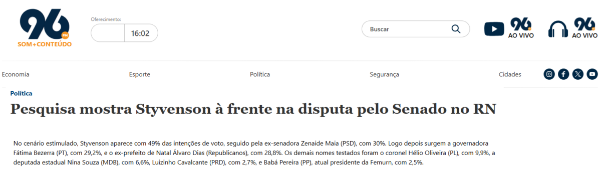 Rádio 96 FM cita pesquisa realizada pela Paraná Pesquisas no Estado do Rio Grande do Norte.