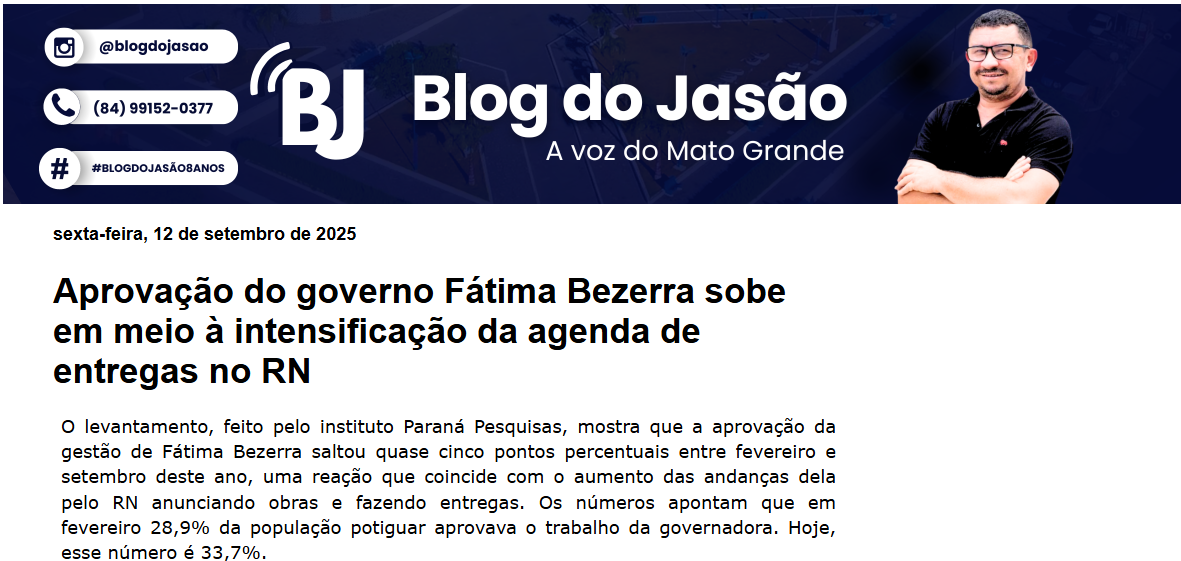 Blog do Jasão cita pesquisa realizada pela Paraná Pesquisas no Estado do Rio Grande do Norte.