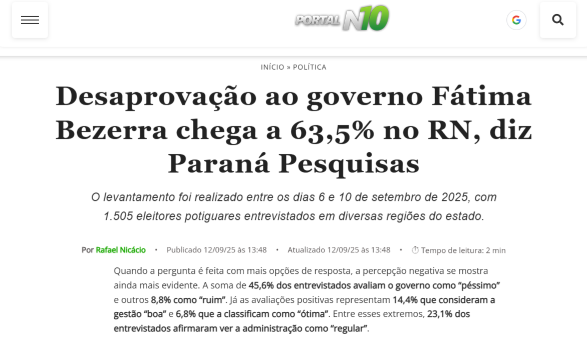 Portal N10 cita pesquisa realizada pela Paraná Pesquisas no Estado do Rio Grande do Norte. 2 Portal N10 cita pesquisa realizada pela Paraná Pesquisas no Estado do Rio Grande do Norte.