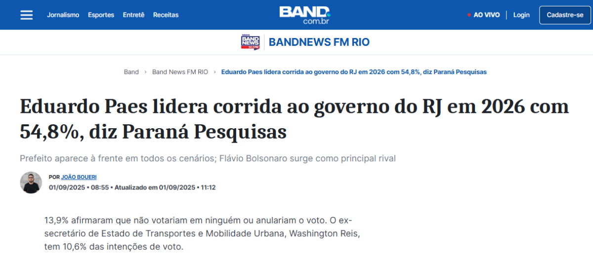 Band News FM Rio cita pesquisa realizada pela Paraná Pesquisas no Estado do Rio de Janeiro.