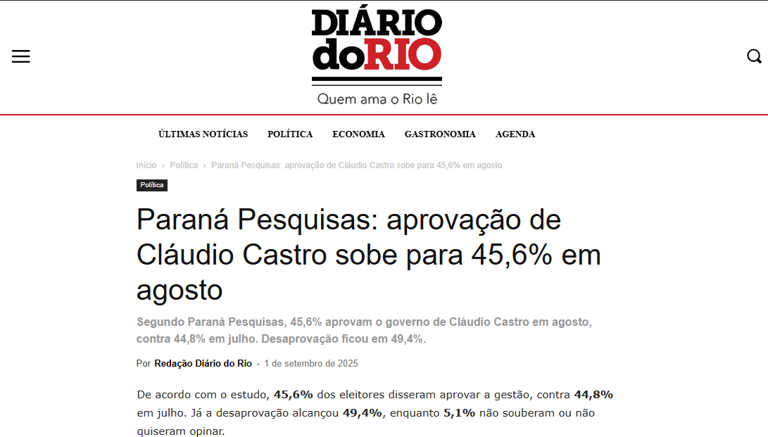 Diário do Rio cita pesquisa realizada pela Paraná Pesquisas no Estado do Rio de Janeiro.