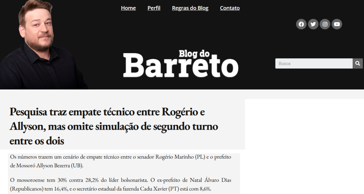 Blog do Barreto cita pesquisa realizada pela Paraná Pesquisas no Estado do Rio Grande do Norte. 2 Blog do Barreto cita pesquisa realizada pela Paraná Pesquisas no Estado do Rio Grande do Norte.