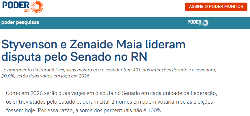 Poder 360 cita pesquisa realizada pela Paraná Pesquisas no Estado do Rio Grande do Norte. 2 Poder 360 cita pesquisa realizada pela Paraná Pesquisas no Estado do Rio Grande do Norte.