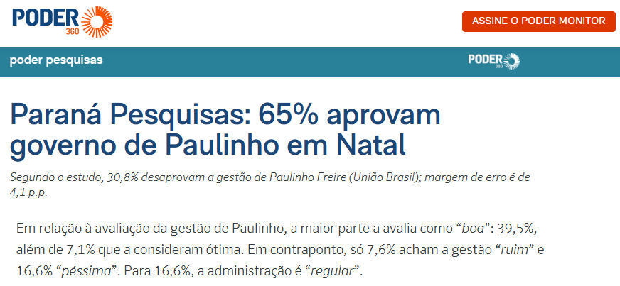 Poder 360 cita pesquisa realizada pela Paraná Pesquisas no Município de Natal.