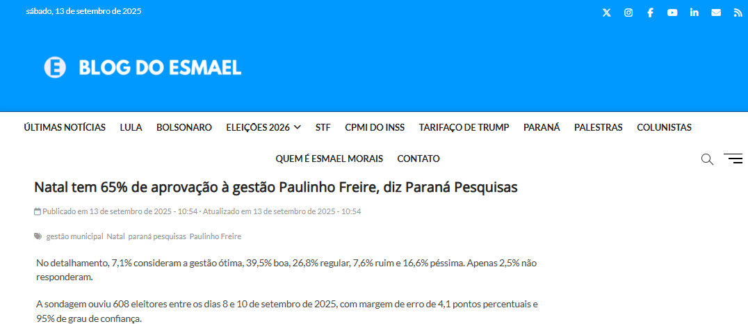 Blog do Esmael cita pesquisa realizada pela Paraná Pesquisas no Município de Natal.