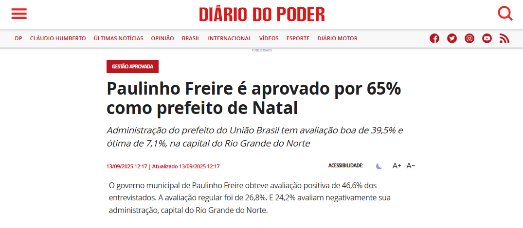Diário do Poder cita pesquisa realizada pela Paraná Pesquisas no Município de Natal.