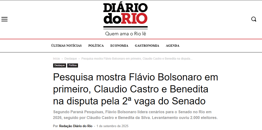 Diário do Rio cita pesquisa realizada pela Paraná Pesquisas no Estado do Rio de Janeiro.