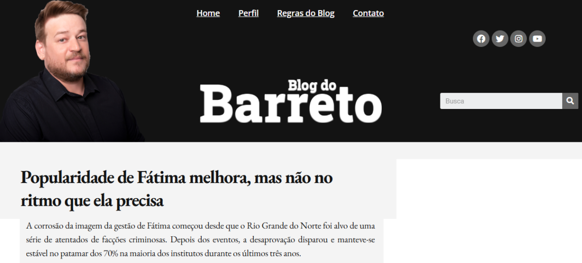 Blog do Barreto cita pesquisa realizada pela Paraná Pesquisas no Estado do Rio Grande do Norte.
