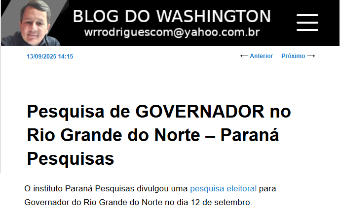 Blog do Washington cita pesquisa realizada pela Paraná Pesquisas no Município de Natal.