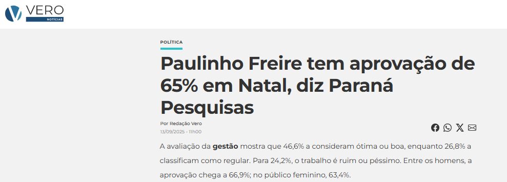 Vero Notícias cita pesquisa realizada pela Paraná Pesquisas no Município de Natal.