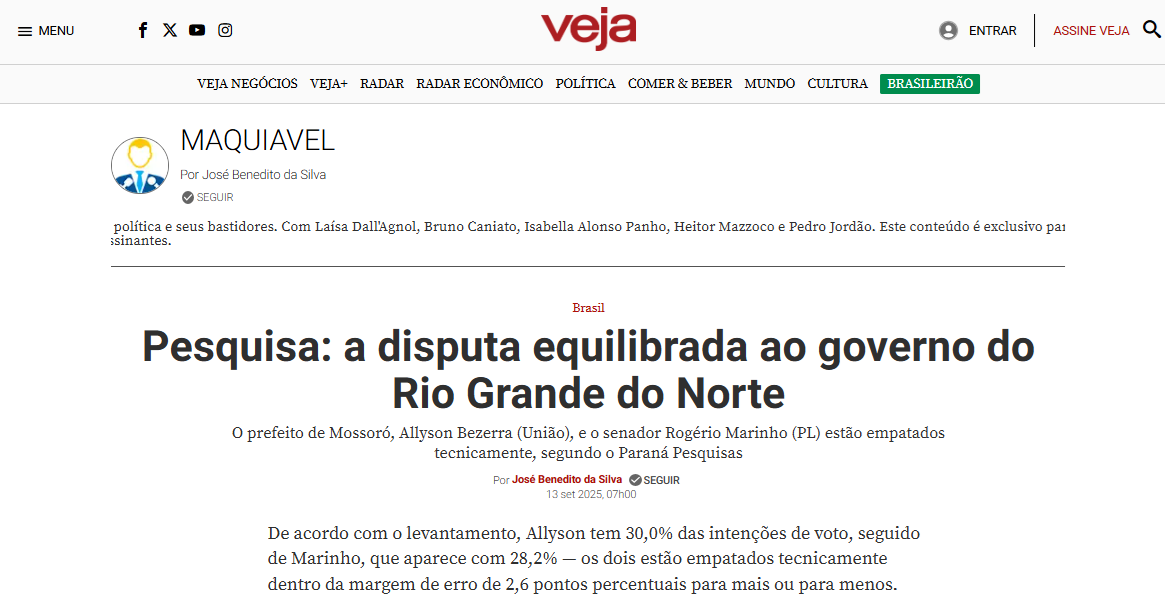Veja cita pesquisa realizada pela Paraná Pesquisas no Estado do Rio Grande do Norte. 2 Veja cita pesquisa realizada pela Paraná Pesquisas no Estado do Rio Grande do Norte.