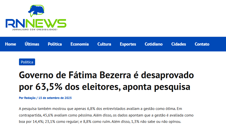 RN News cita pesquisa realizada pela Paraná Pesquisas no Estado do Rio Grande do Norte.