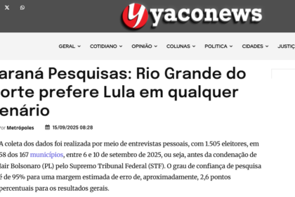 Yaco News cita pesquisa realizada pela Paraná Pesquisas no Estado do Rio Grande do Norte.