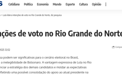 Brasil em Folhas cita pesquisa realizada pela Paraná Pesquisas no Estado do Rio Grande do Norte.