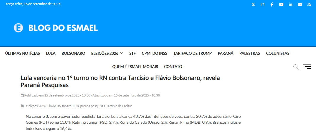 Blog do Esmael cita pesquisa realizada pela Paraná Pesquisas no Estado do Rio Grande do Norte.