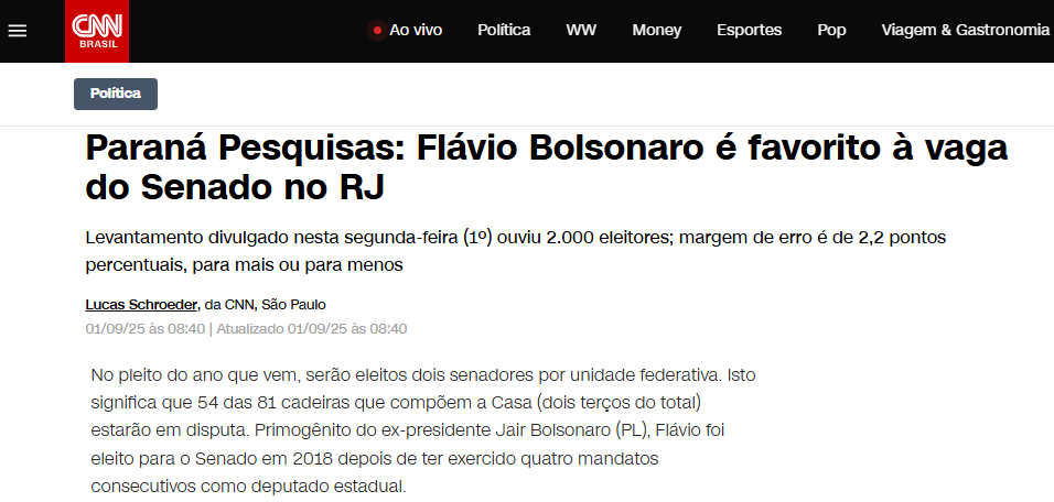 CNN Brasil cita pesquisa realizada pela Paraná Pesquisas no Estado do Rio de Janeiro. 2 CNN Brasil cita pesquisa realizada pela Paraná Pesquisas no Estado do Rio de Janeiro.