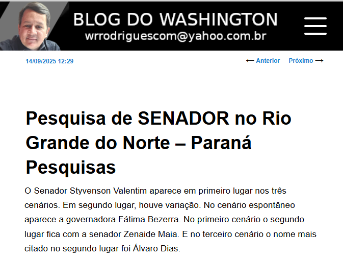 Blog do Washington cita pesquisa realizada pela Paraná Pesquisas no Estado do Rio Grande do Norte. 2 Blog do Washington cita pesquisa realizada pela Paraná Pesquisas no Estado do Rio Grande do Norte.