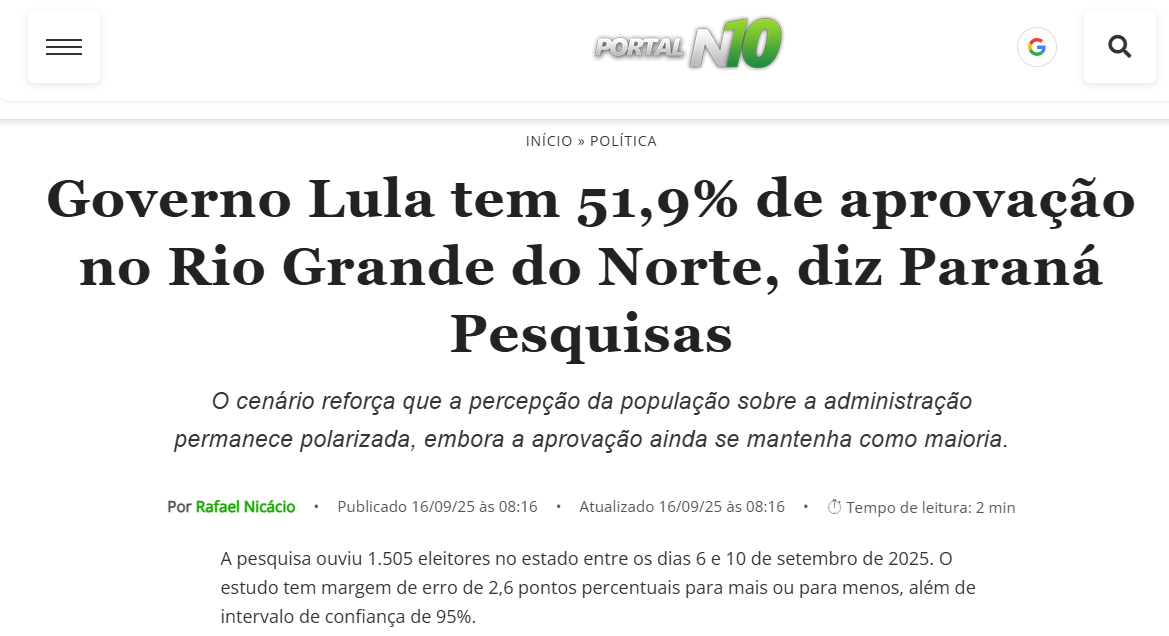 Portal N10 cita pesquisa realizada pela Paraná Pesquisas no Estado do Rio Grande do Norte.