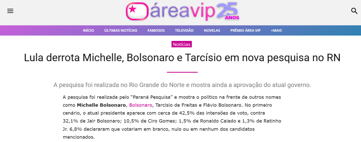 Área Vip cita pesquisa realizada pela Paraná Pesquisas no Estado do Rio Grande do Norte.