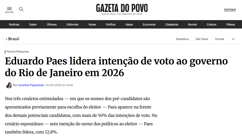 Gazeta do Povo cita pesquisa realizada pela Paraná Pesquisas no Estado do Rio de Janeiro. 2 Gazeta do Povo cita pesquisa realizada pela Paraná Pesquisas no Estado do Rio de Janeiro.