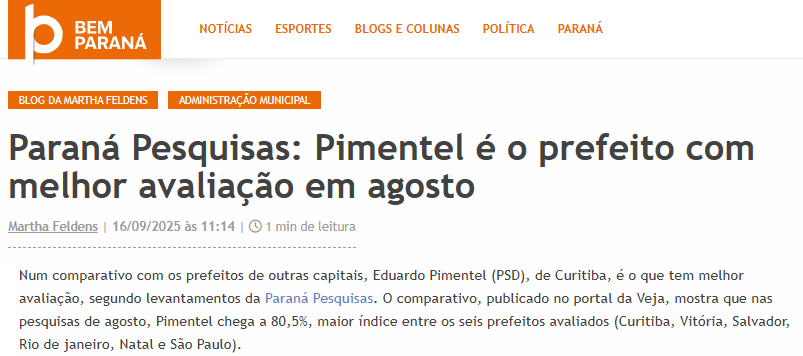 Bem Paraná cita pesquisa realizada pela Paraná Pesquisas. 2 Bem Paraná cita pesquisa realizada pela Paraná Pesquisas.