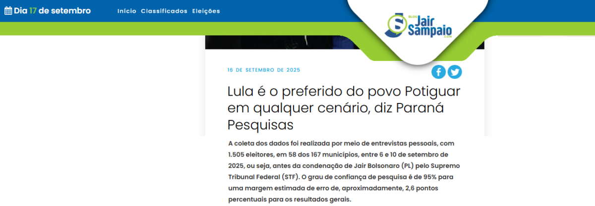 Blog Jair Sampaio cita pesquisa realizada pela Paraná Pesquisas no Estado do Rio Grande do Norte. 2 Blog Jair Sampaio cita pesquisa realizada pela Paraná Pesquisas no Estado do Rio Grande do Norte.