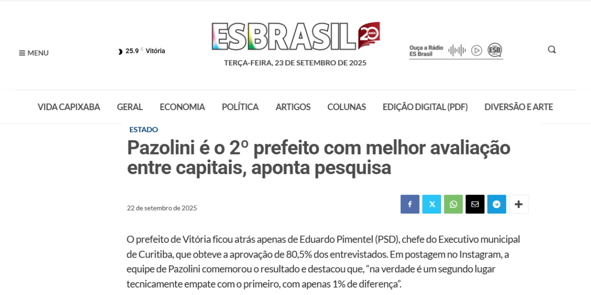 ES Brasil cita pesquisa realizada pela Paraná Pesquisas.