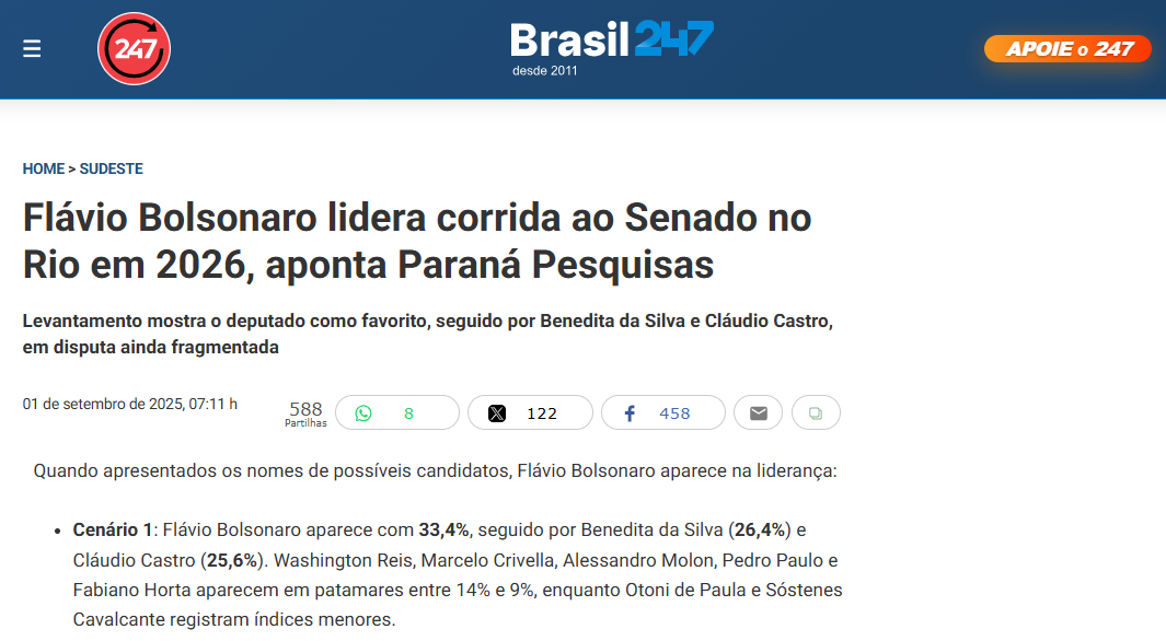 Brasil 247 cita pesquisa realizada pela Paraná Pesquisas no Estado do Rio de Janeiro. 2 Brasil 247 cita pesquisa realizada pela Paraná Pesquisas no Estado do Rio de Janeiro.