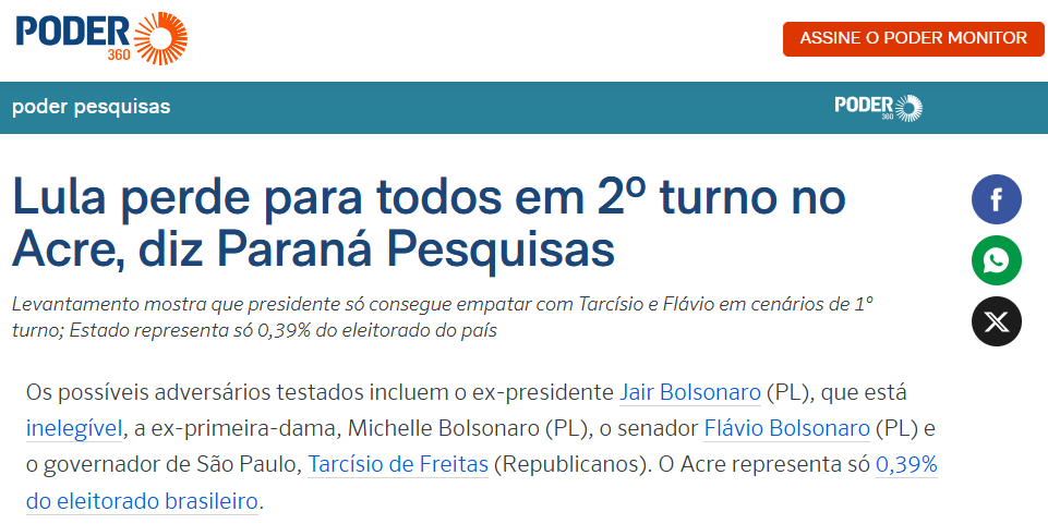 Poder 360 cita pesquisa realizada pela Paraná Pesquisas no Estado do Acre.