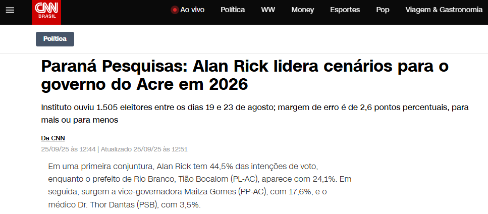 CNN Brasil cita pesquisa realizada pela Paraná Pesquisas no Estado do Acre. 2 CNN Brasil cita pesquisa realizada pela Paraná Pesquisas no Estado do Acre.